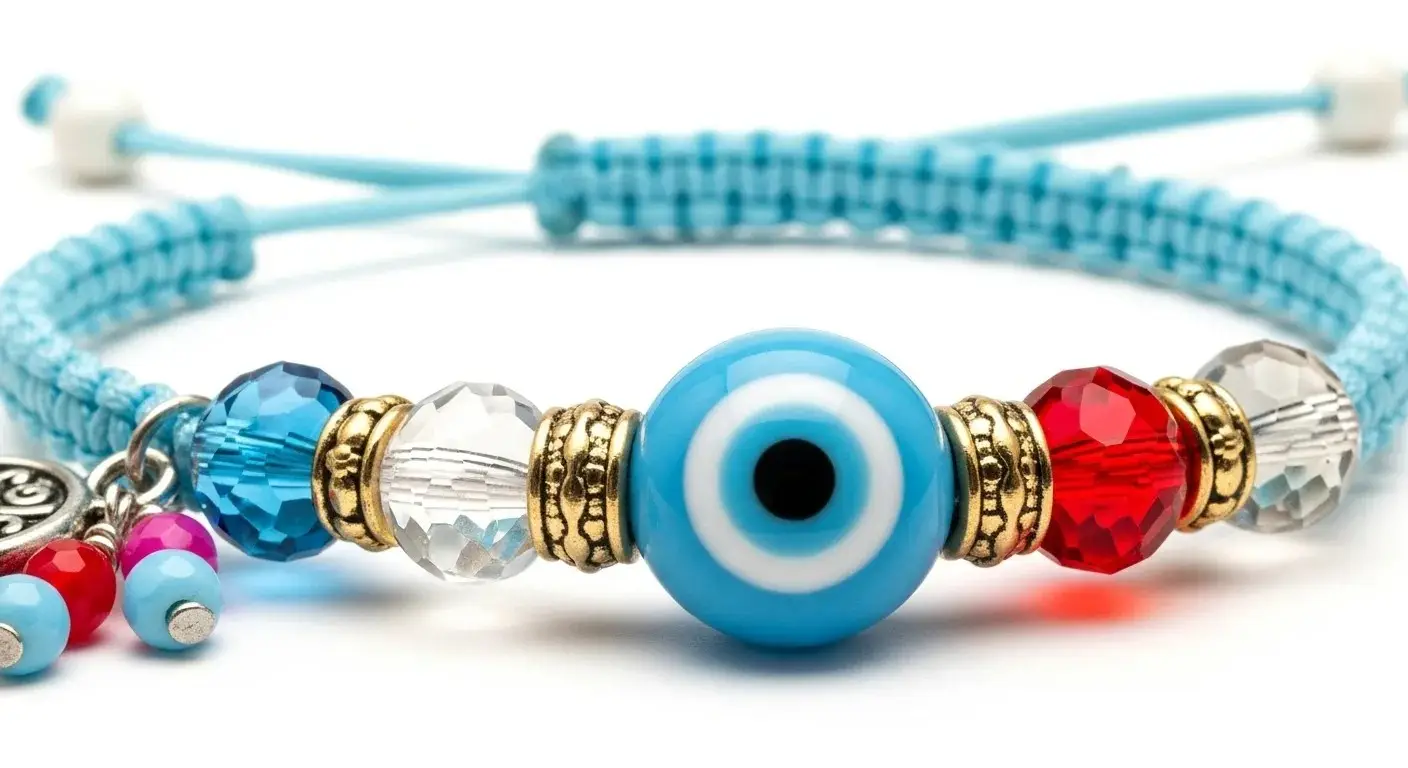 A close-up of a beautifully crafted evil eye bracelet